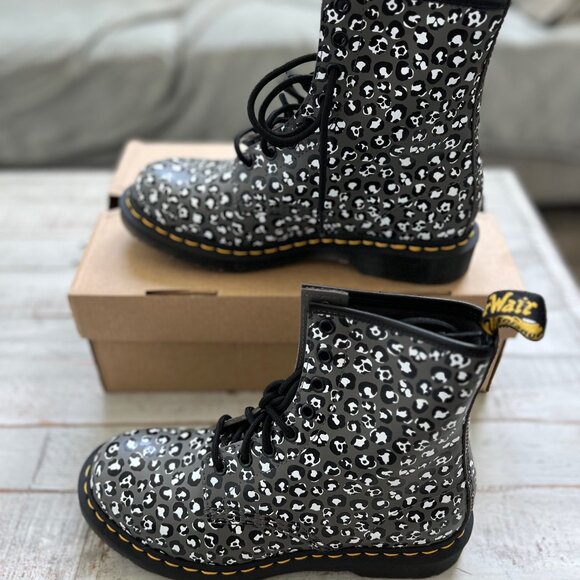 Dr. Martens Shoes - Doc Martens Women's Gun Metal Leopard Print Smooth Leather Lace Up Boots NIB